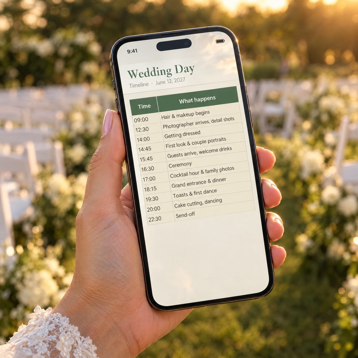 Wedding day timeline shared with vendors